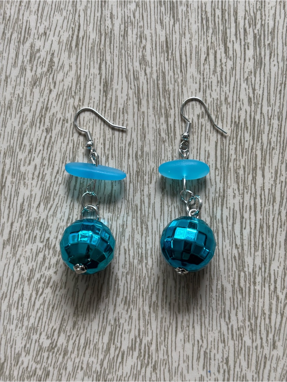 Hand Crafted Teal Blue Dangle Earrings with Disco Beads